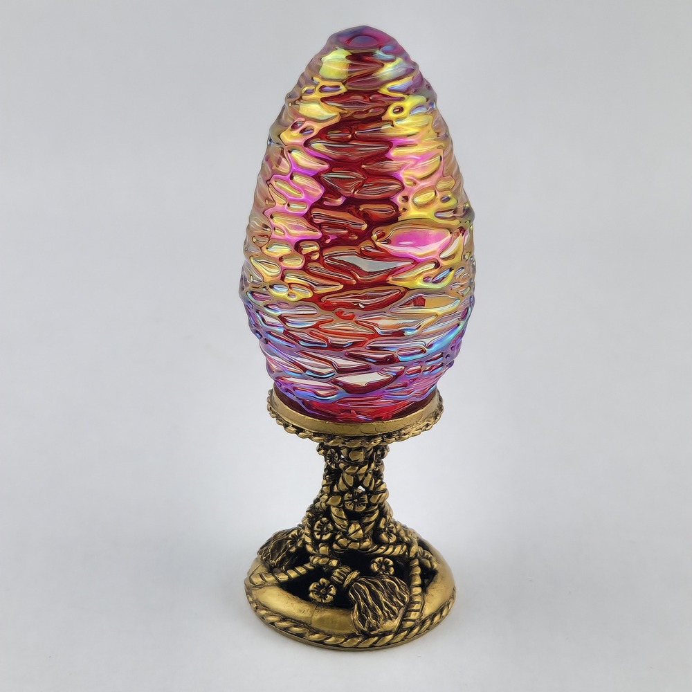 Vintage Iridescent Art Glass Egg Gold Tone Pedestal Stand
